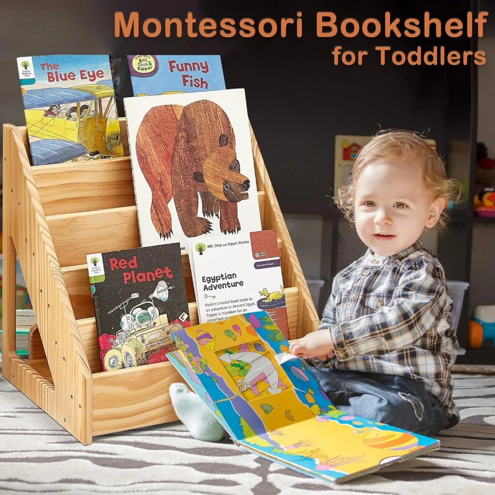 ชั้นวางหนังสือ Montessori สำหรับเด็กวัยหัดเดิน1-5ปีชั้นวางหนังสือสำหรับเด็กหันหน้าไปทางด้านหน้าพร้อมที่จับและอุปกรณ์ป้องกันการเอียง