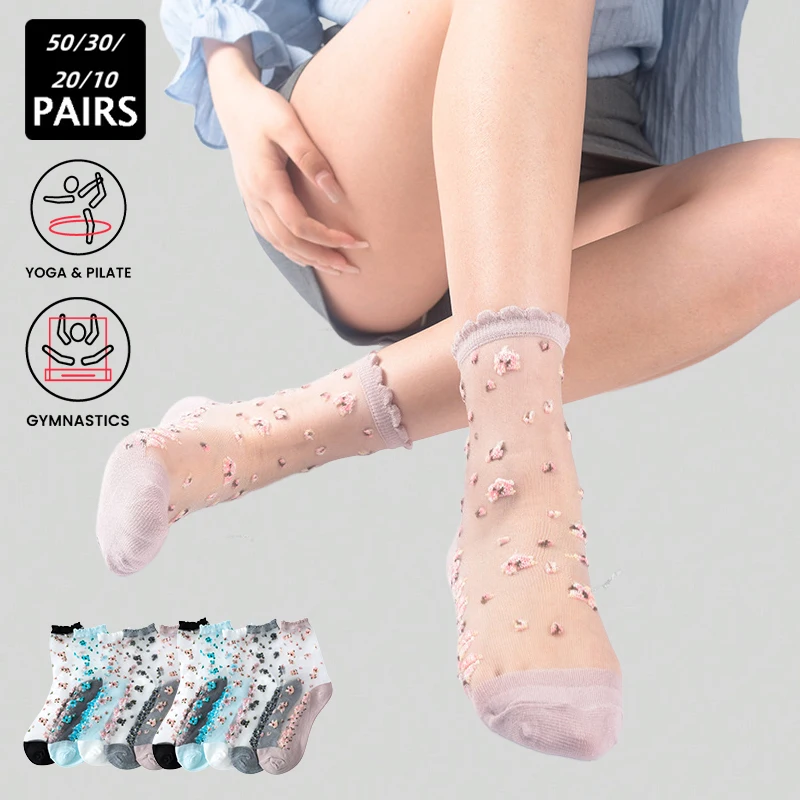 

50/30/20/10 pairs of socks women's summer thin glass stockings transparent kasi crystal socks sweet lace Korean mid-calf socks