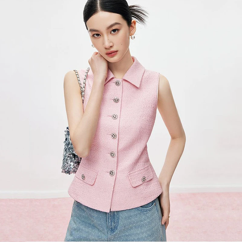 

French Fashion Tweed Vest Women Sleeveless Chic Tops Single Breasted Female Outerwear