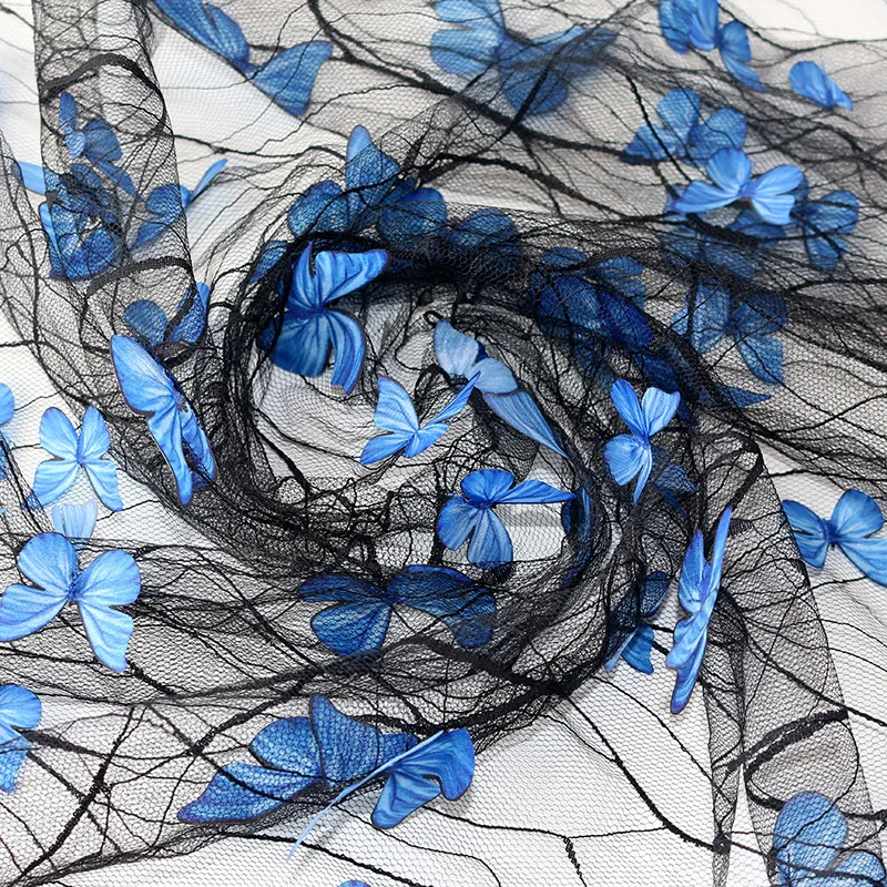 Lolita Black Transparent Blue 3D Butterfly Embroidered Lace Mesh Cloth Transparent Wedding Dress Designer Fabric DIY Handmade