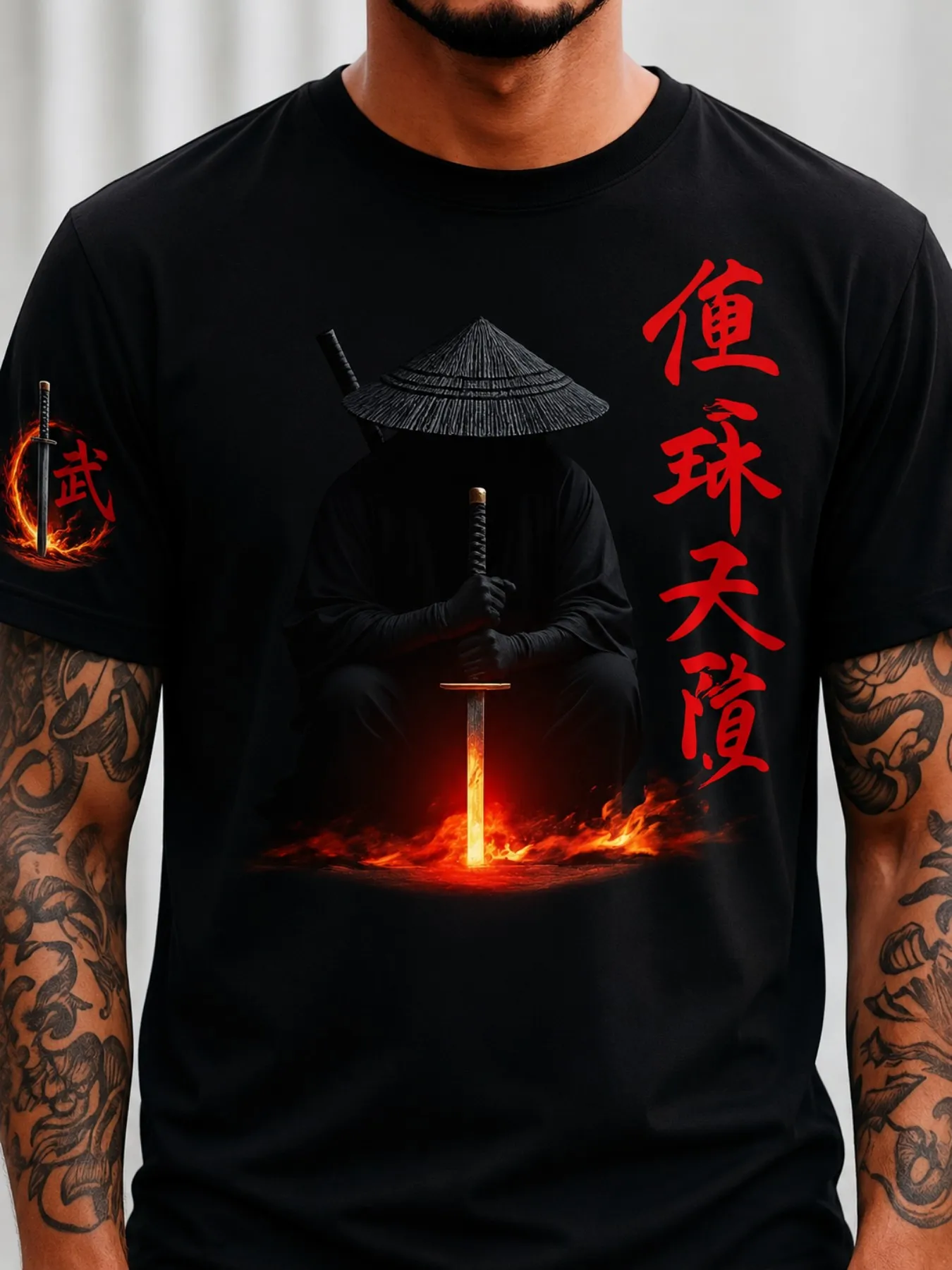 Black Samurai Fighting Hat Samurai Knife Flame Printed Round Neck Loose Short Sleeve T-shirt