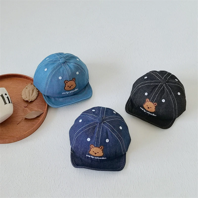 

Детская джинсовая кепка-бейсболка Baby Blue с милым медведем, для мальчиков и девочек 3-24 месяца, с мягким козырьком, мультяшный дизайн, защита от солнца