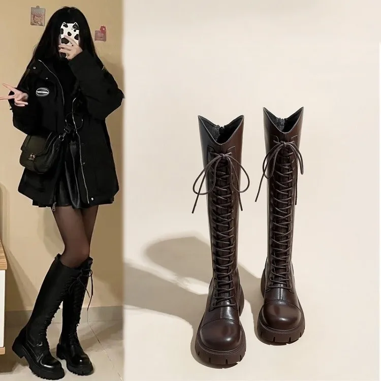 Stiefel Damen-Herbst- und Winter-Fleece-Stiefel mit dünnem, dickem Absatz, dicker Sohle, großem Röhrenumfang, verbreiterte V-Mund-Stiefel