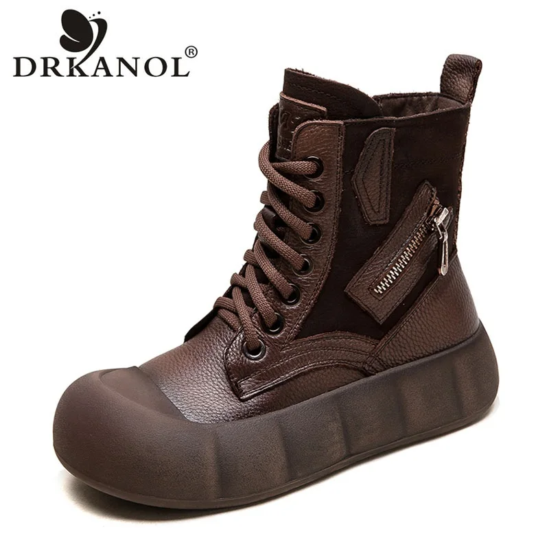 DRKANOL Women Genuine Leather Boots Retro Style Handmade Flat Platform Round Toe Side Zipper Trend Comfort Casual Ankle Boots