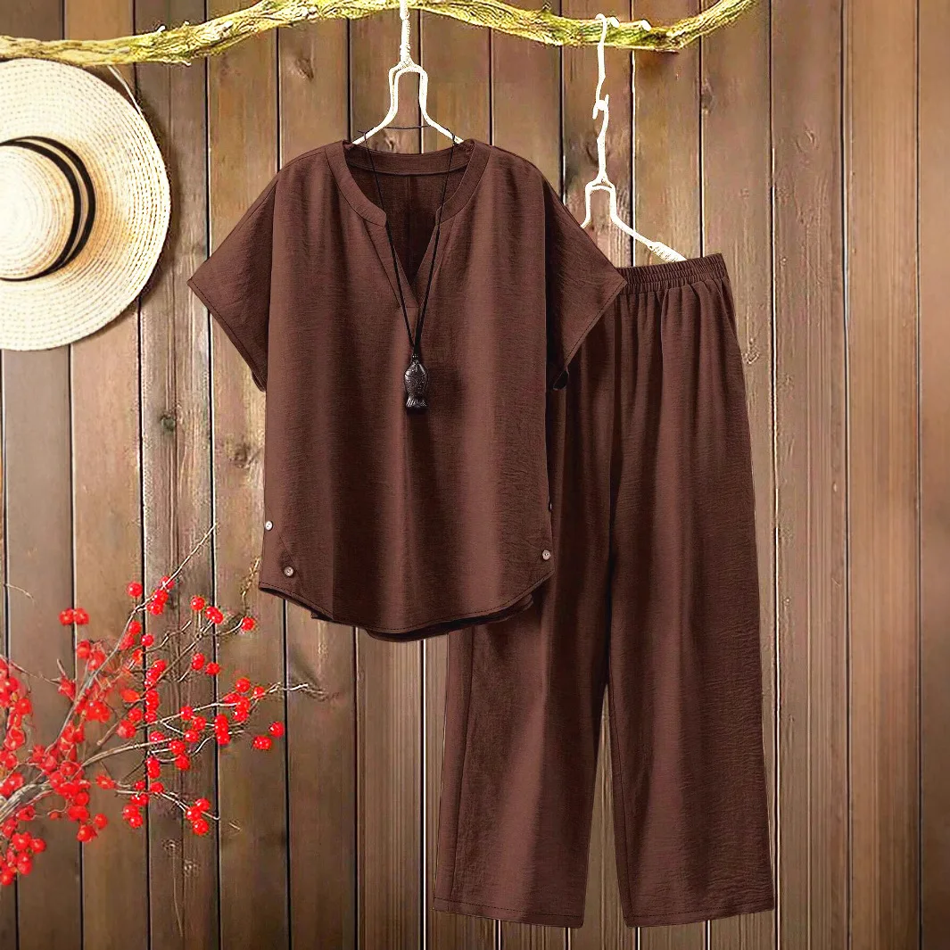 

Pant Set Women Two Piece Sets V Neck Short Sleeve Casual Loose Tops Wide Leg Long Pants Elastic Waist Y2k Streetwear Elegant