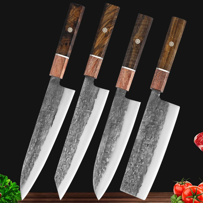 1-4pcs Kitchen Knives Set Stainless Steel Chef Knife Japanese Santoku Knife Salmon Slicing Knife Forged Kitchen Meat Cleaver