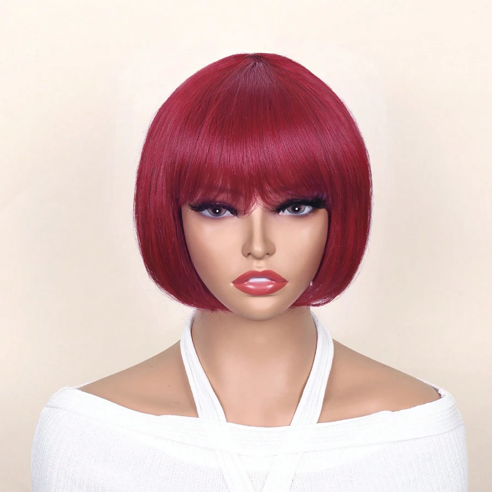

Light Burgundy BOB Wig with Bangs Short Straight Colored Fringe Bob Wigs Halloween Cosplay 530# Rose Red Colorful Human Hair Wig