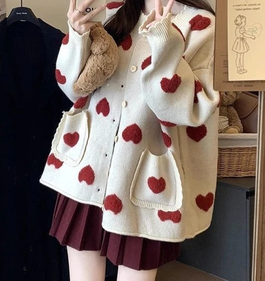 

Large Size Heart-shaped Sweater Jacket for Women Autumn and Winter New Style Atmospheric Knit Cardigan Cute