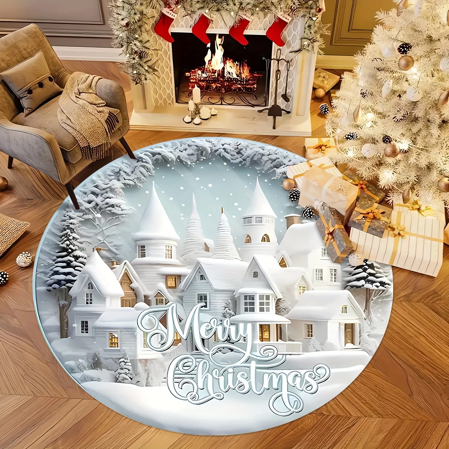VIKAMA Christmas Santa  Round Rug Printed Illusion Carpet Holiday Decoration Xmas Tree Living Room Santa Mat Xmas Holiday Decor