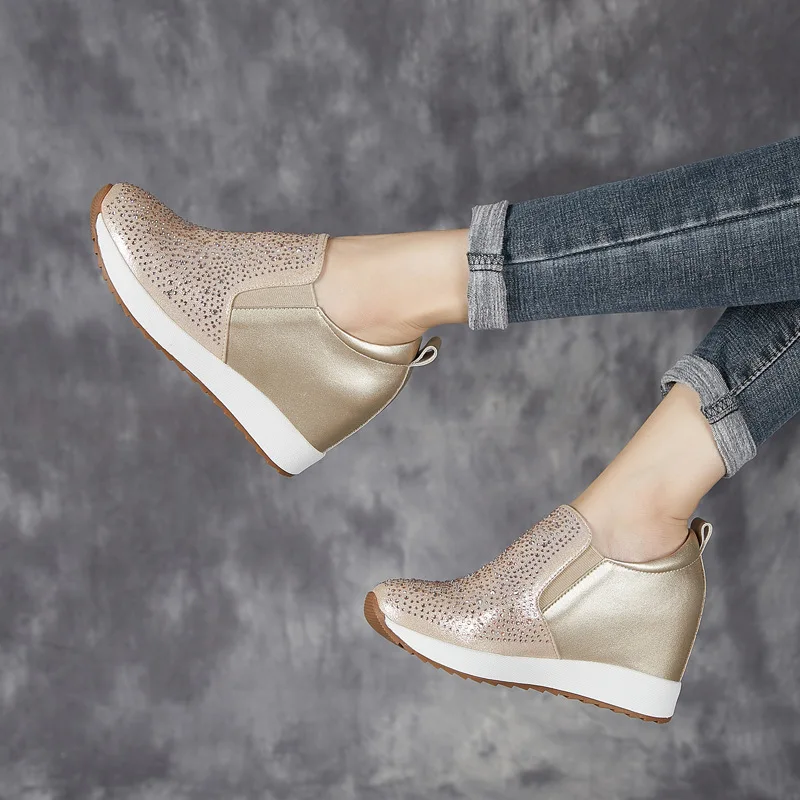 7CM Genuine Leather Women Shoes Casual High Brand Spring Autumn Bling Crystal Platform Wedge Sneaker Breathable Vulcanize Shoes