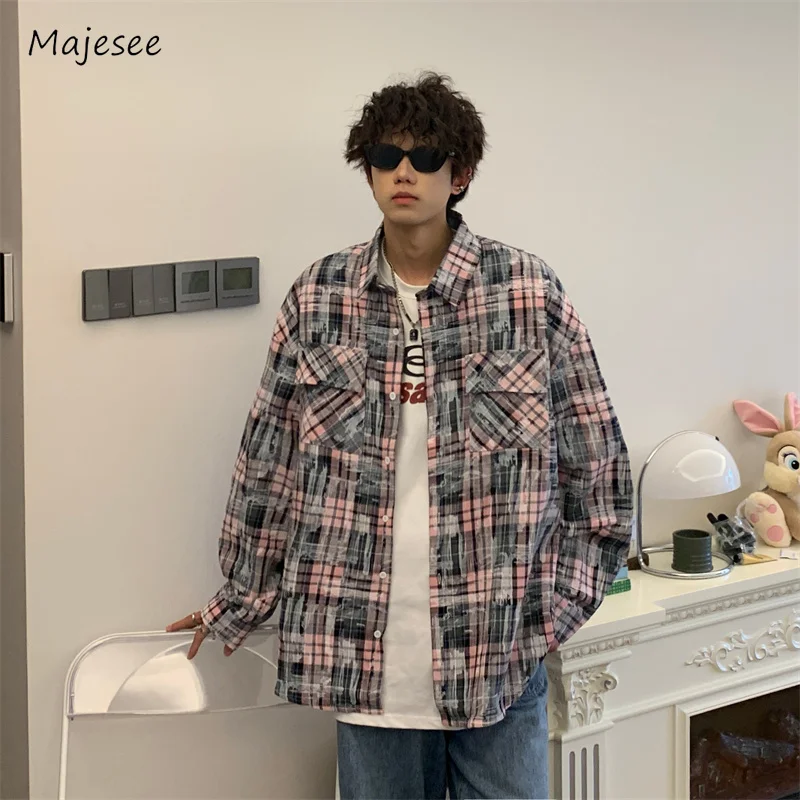 

Summer Shirts Men American Plaid Loose Teens Couples High Street Designed All-match Camisas Streetwear Harajuku Youthful Ins