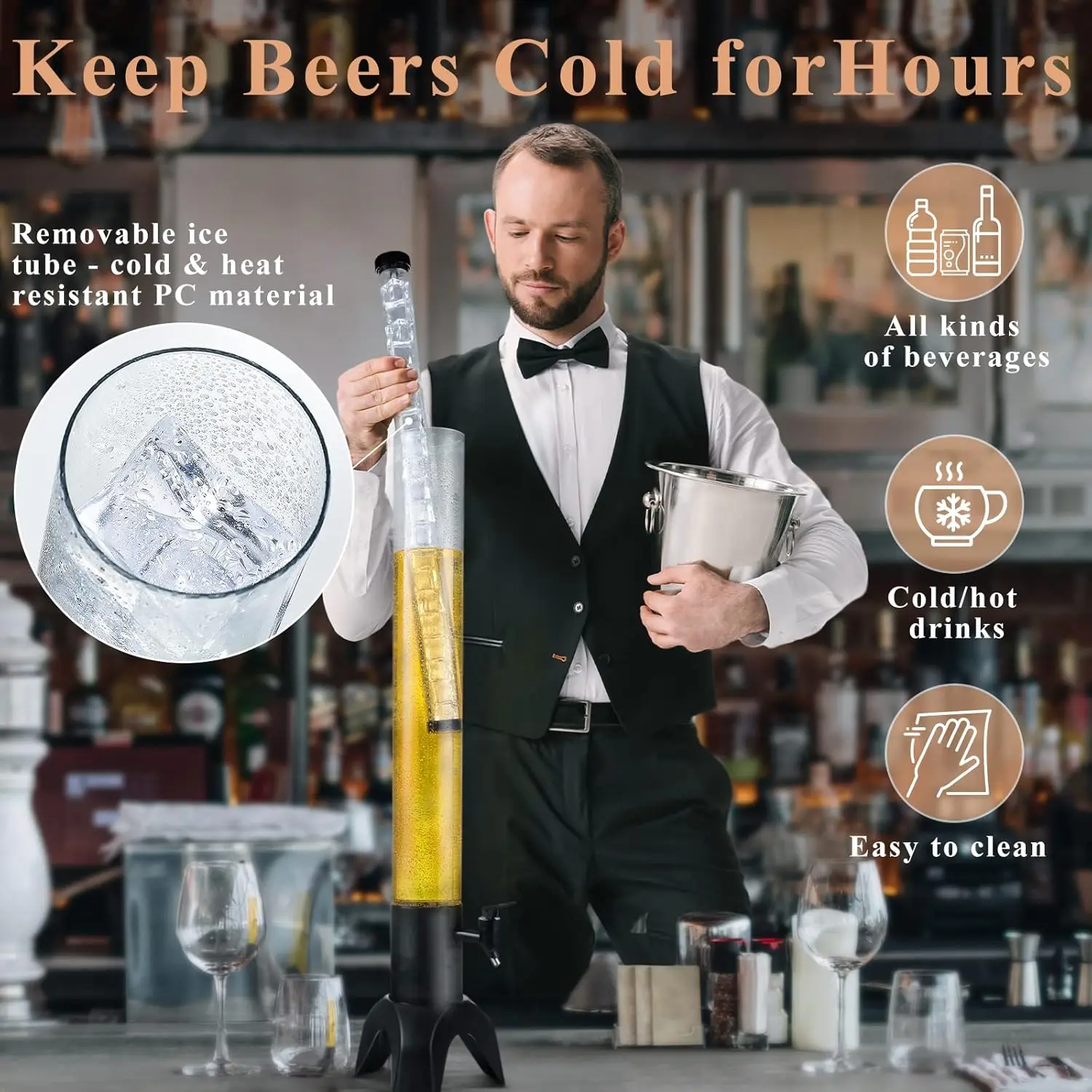 4PCS 3L Drink Tower Dispenser, built-in ice tube and LED light, perfect for parties, bars and restaurants image 3