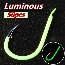 50pcs Fluorescent Fishing Hooks Barbed Single Circle Carp Hook Carbon Steel Sea Fishinhook Fly Fishing Tackle Accessories 2024
