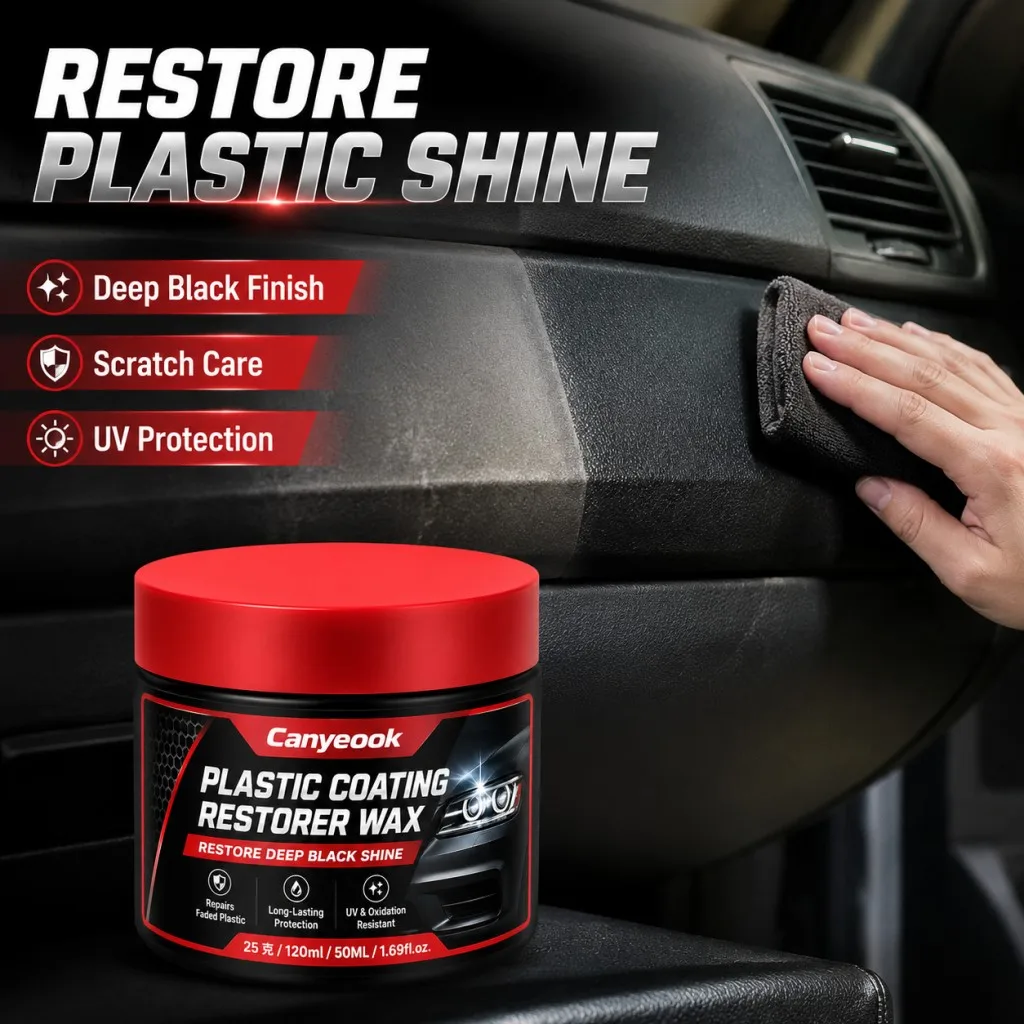 CANYEOOK Plastic Restorer Wax 50g Restore Faded Black Trim Remove Scratches Anti UV for Car Dashboard Bumper Door Panel Tire