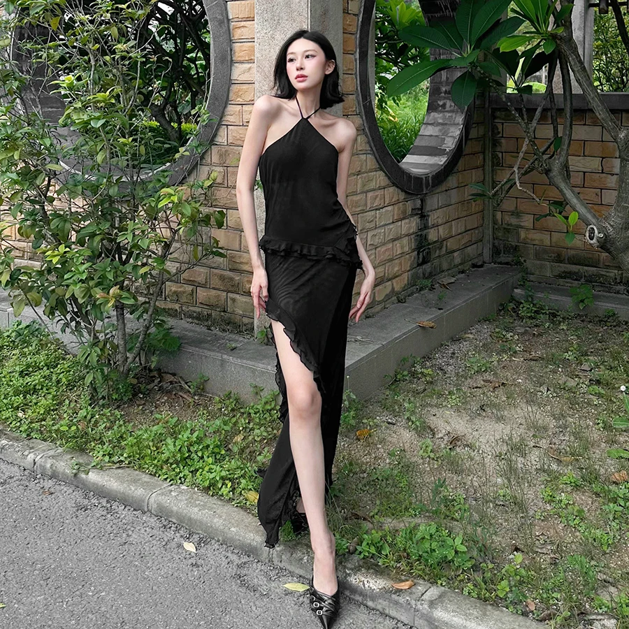 SylCue Rüschen Dekoration Langes Kleid Frau Durchsichtig Neckholder Off Schulter Backless Splits Prom Party Elegante Dünne Vestidos