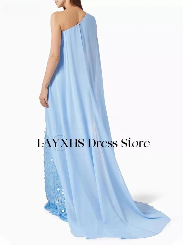 LAYXHS Sukienki wieczorowe na jedno ramię, niebieskie cekiny, peleryna, sukienki damskie na studniówkę, szyte na miarę فستان سهرة نسائي