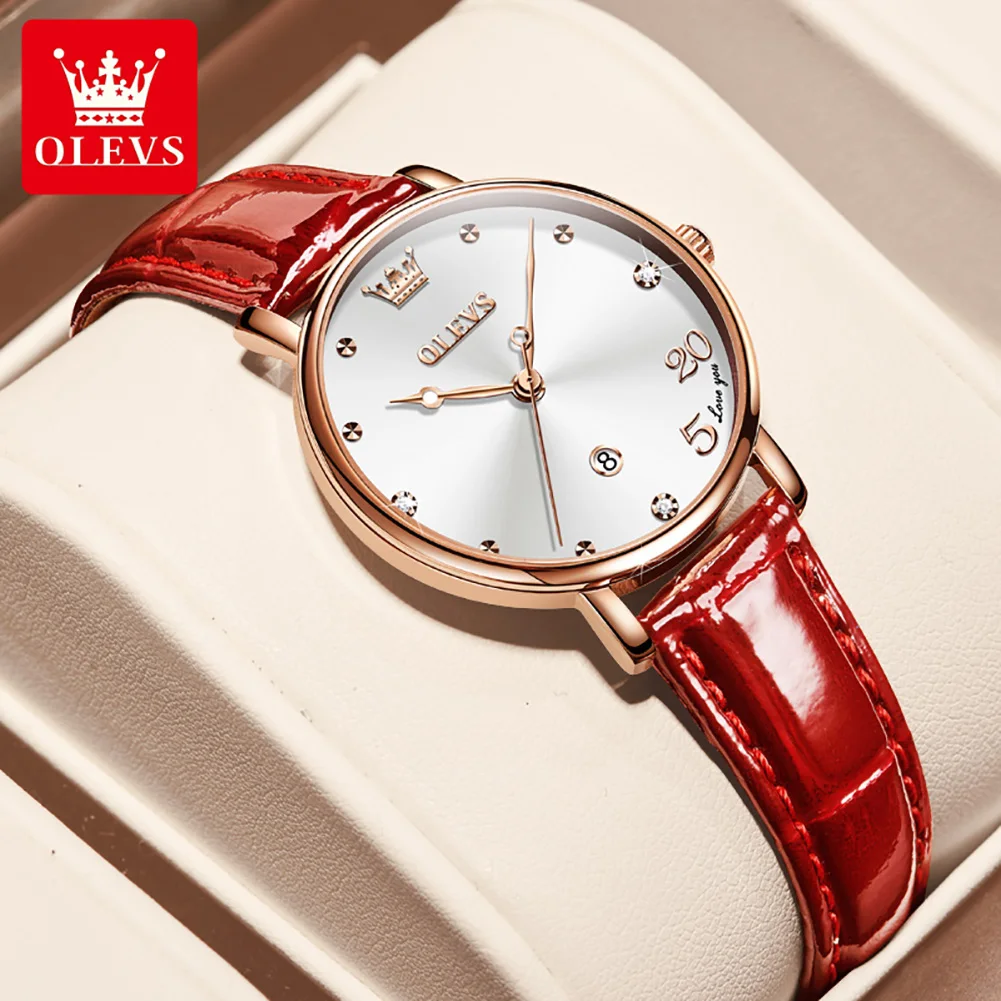 OLEVS Women's Watches Quartz Watch for Women Red Leather Wristwatch Waterproof Date Gifts for women 5505