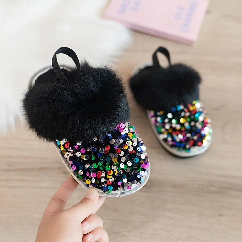 Children Shining Sequins Outside Cotton Slippers Girls Winter New Fahion Soft Bottom Anti-slippery Versatile Casual Warm Shoes