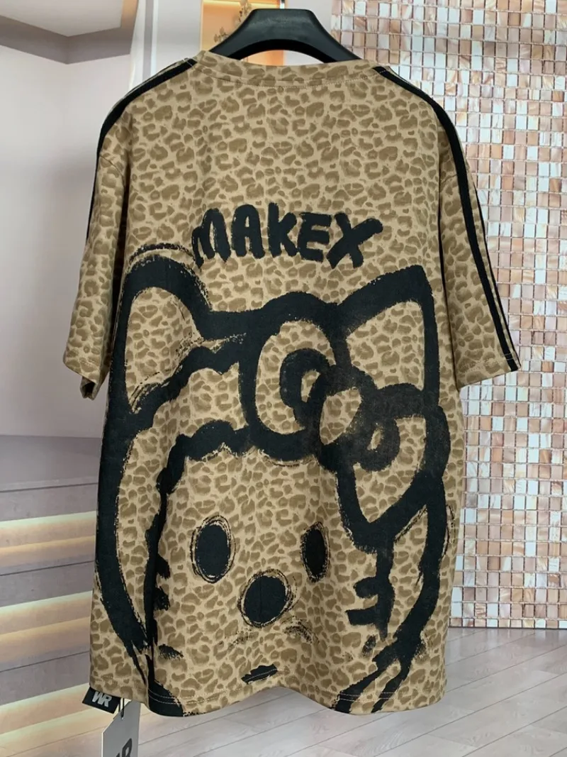 Kaos Trendy Motif Leopard Kartun Industri Berat, Model Longgar, Lengan Pendek, Penampil Awet Muda, Untuk Wanita