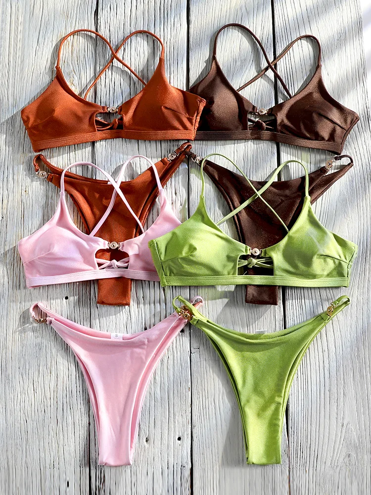 Miyouj-bañador Bandage, traje de baño de verano, conjunto de Bikini de corte alto, traje de baño Sexy liso de 2 piezas, tangas caladas, ropa de playa