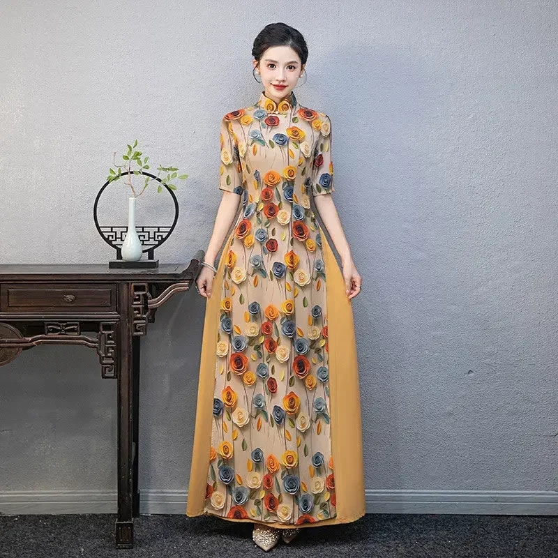 Vietnam Traditional Dress Ao Dai National Flower Print Cheongsam Oriental Improved Qipao Party Banquet Evening a-line Dress