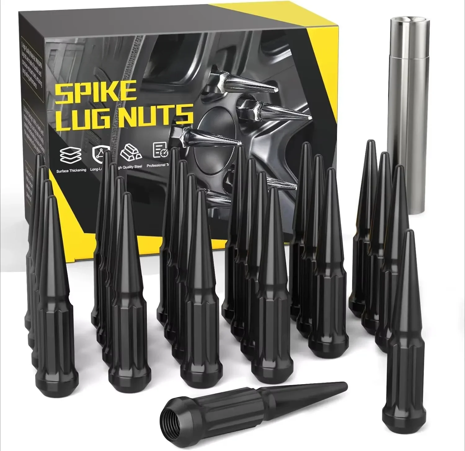 

24PCS M14x1.5 Wheel Spike Lug Nuts, Black Spike Lug Nuts Solid 4.4" Tall Acorn Lug Nut with 1 Socket Key Replacement