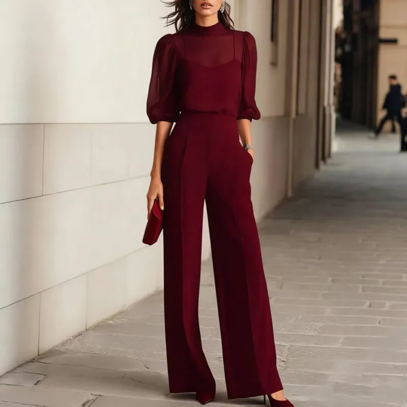 Sexy O Neck Short Sleeve Chiffon Blouse Shirt High Waist Pant Suit Women's 3 Piece Set Spring Summer Mesh Hollow Vacation Outfit