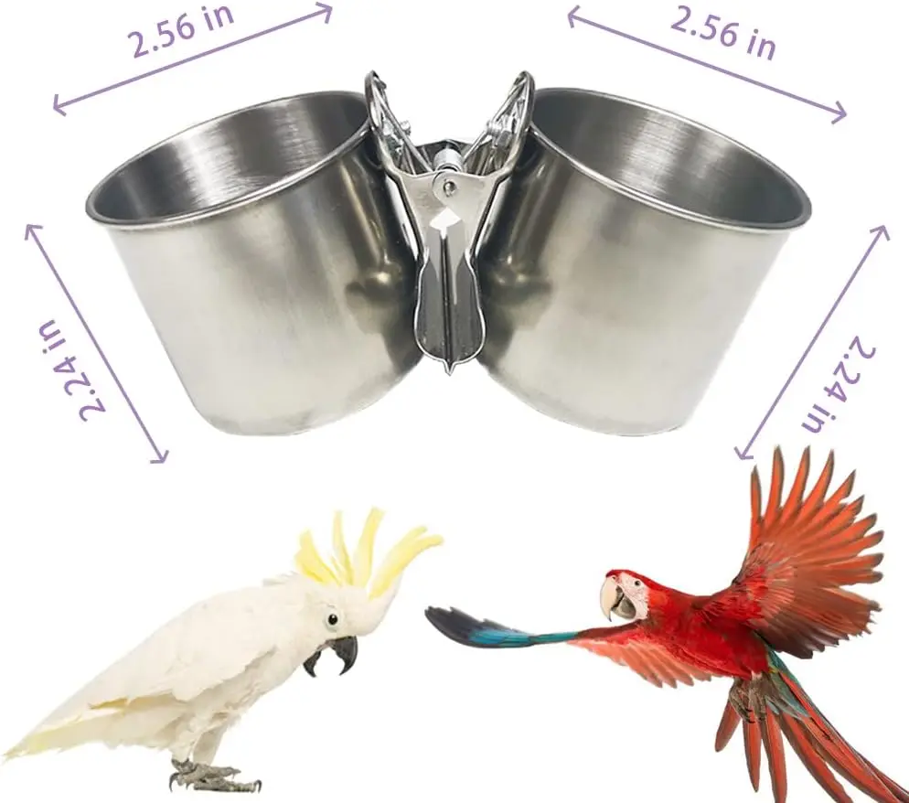 

Bird Feeding Cups Parrot Food Dish Stainless Steel Parrot Feeders Water Bowls with Clamp Holder for Birds Parakeet Cockatiels