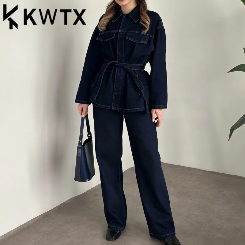 

KWTX Hidden Button Design Denim Two Piece Suit Woman Belt Coat Wide-leg Pants Denim Suit Ladies Fashion 2025 For Summer