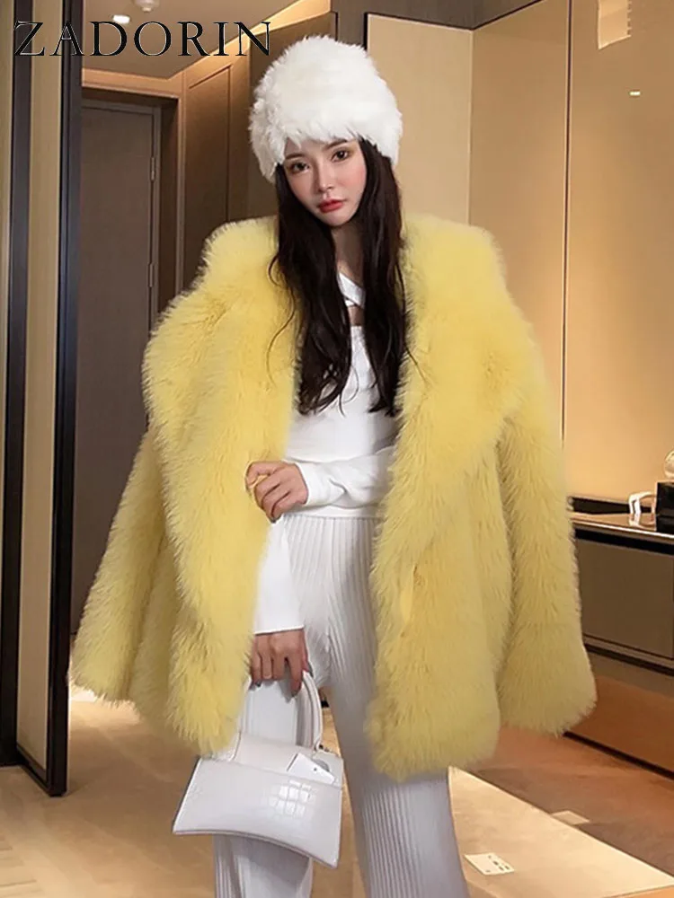 ZADORIN Korean Fashion Winter White Faux Fox Fur Jacket Women Fur Cardigan Luxury Mid Long Lapel Fake Fur Coat Ladies Coats