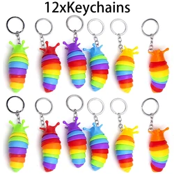 12Pcs Rainbow Slug Caterpillar Mini Key Chain Fidget decompression for Adult Kids Slug Squeeze Toys