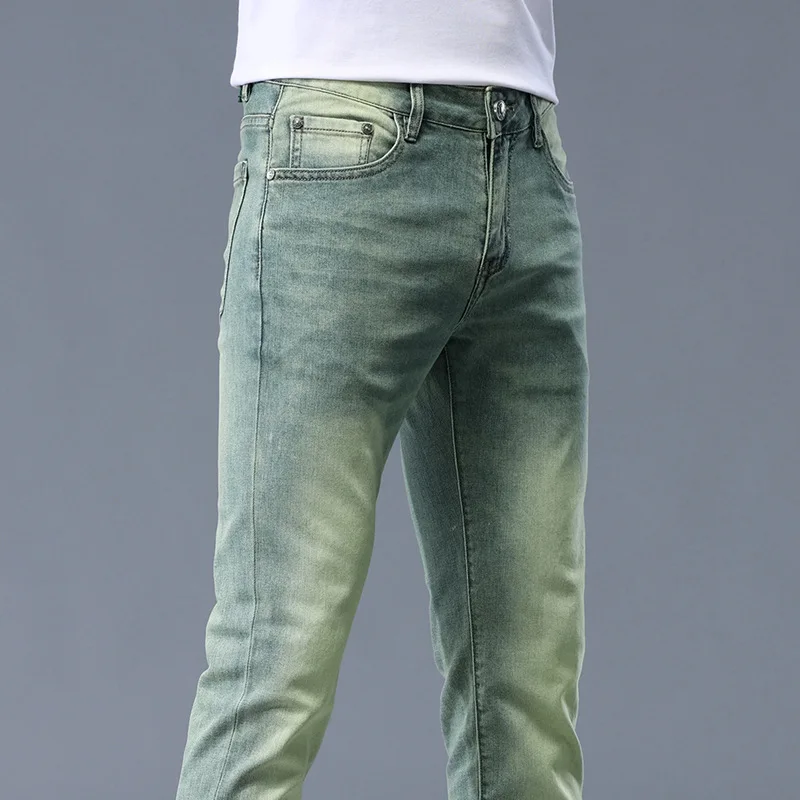 Retro Yellow Mud Green Jeans Men's Summer Thin 2024 New High-End Men's Clothing Fashion Elastic Slim Fit Skinny Pants