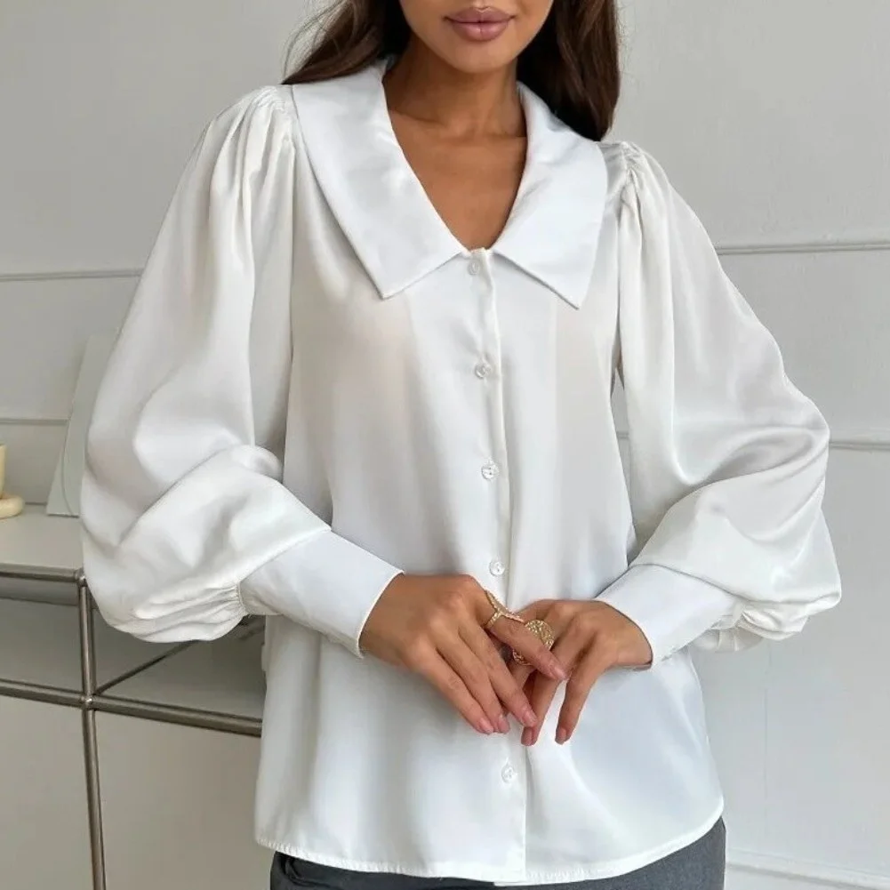 Lightweight Solid Color Shirt for Women Featuring Defined Wide Lapels and Graceful Puff Sleeves for Travel Use