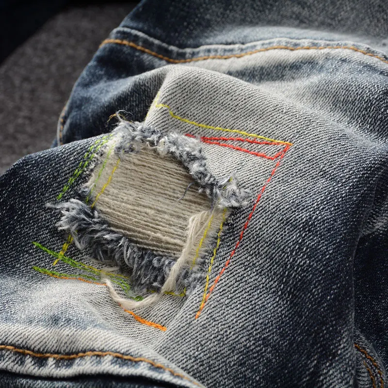 Street Fashion Men Jeans Retro Black Blue Elastic Stretch Slim Ripped Jeans Embroidery Spliced Designer Hip Hop Denim Pants Men
