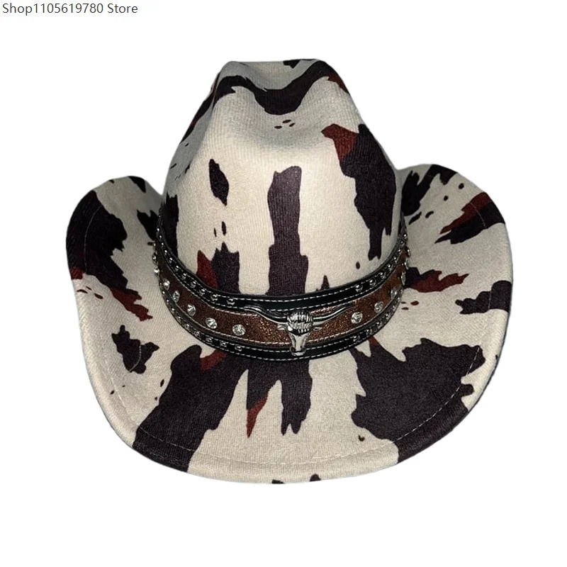 Cowboy Hat Bull Badage Men Women Classic Cow Print Wide Brim Western Travel Felt Band Decor Party Costume Fedora Roll Up Adult