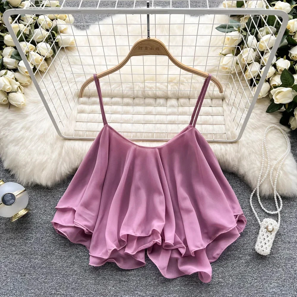 New Summer Spaghetti Straps Ruffle Sleeveless Tanks and Camis Korean Corset Crop Tops Solid Tank Camisoles Women Clothes Y2k