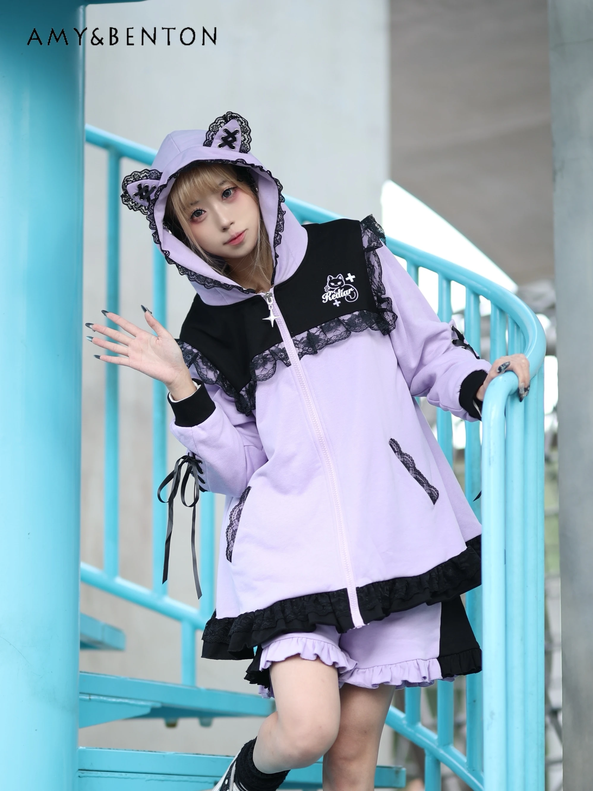 Subculture Goth Cartoon Cat Ear Hooded Patchwork Oversized Coat Shorts Two Piece Sets Womens Outifits Mine Sweet Y2K Outfits