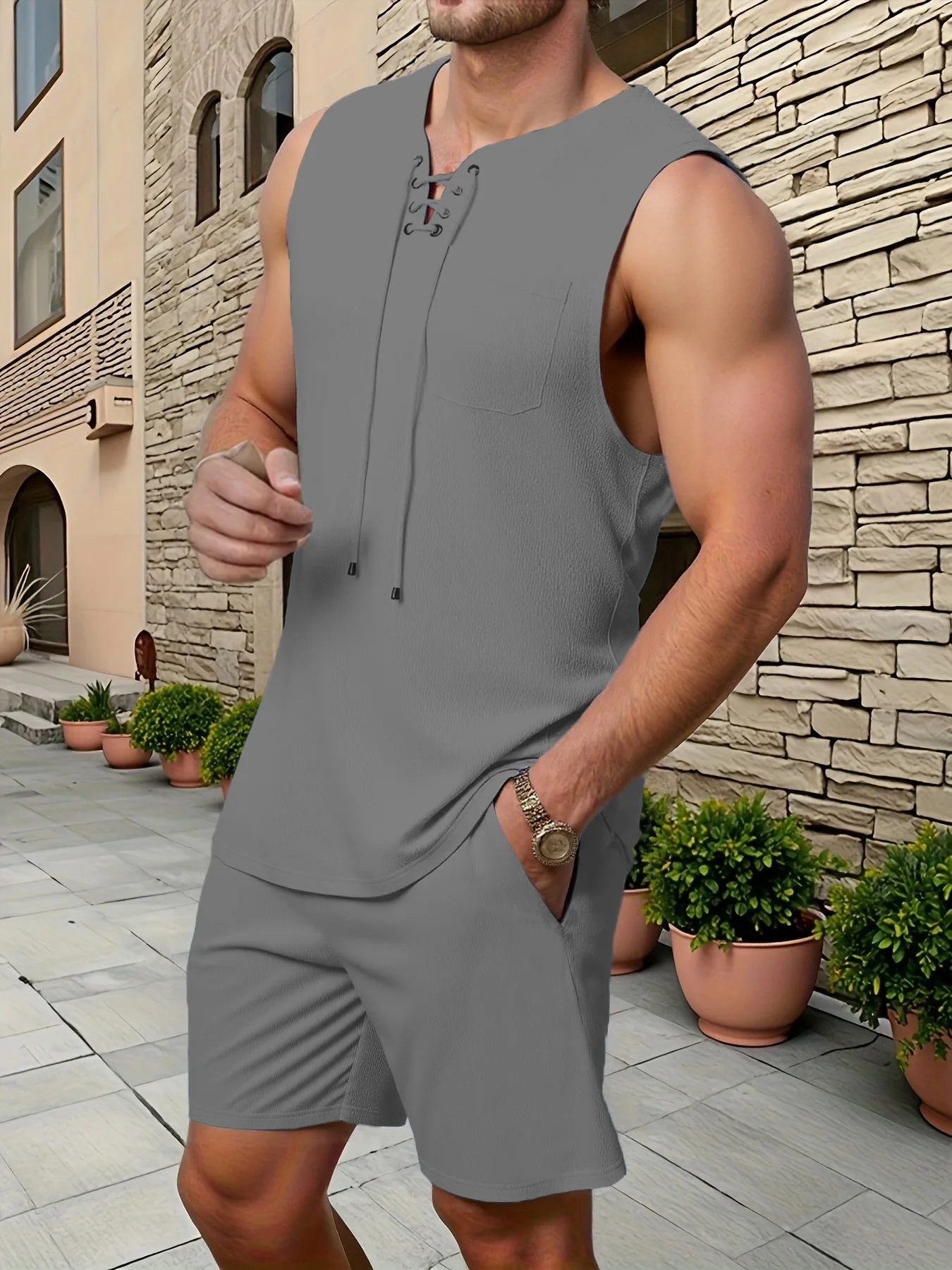 Summer Men's Casual Shirt and Shorts Two-piece Suit Solid Color Leeveless Vest + Shorts Loose Short Sleeve Shorts Beach Suit