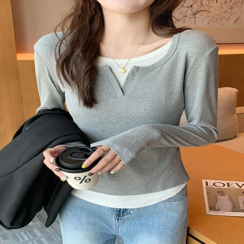 

New Base Layer Innerwear Womens Autumn Two Piece Design Long Sleeve Slim Fit Tops Elegant Round Neck T Shirts Fashion Casual