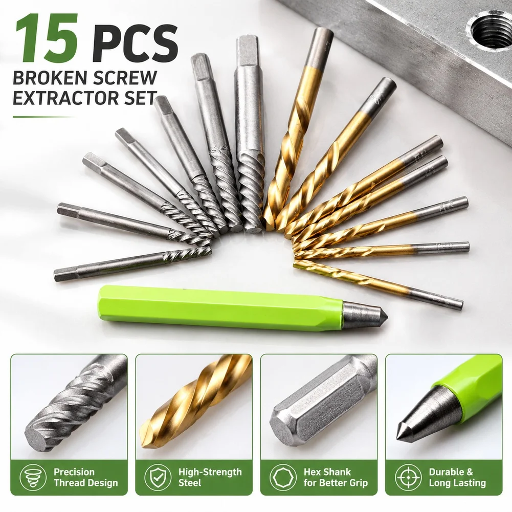 Broken Screw Remover Set 15 Pcs with Reverse Thread Extractors HSS Drill Bits and Center Punch for Workshop Field Repair Tasks