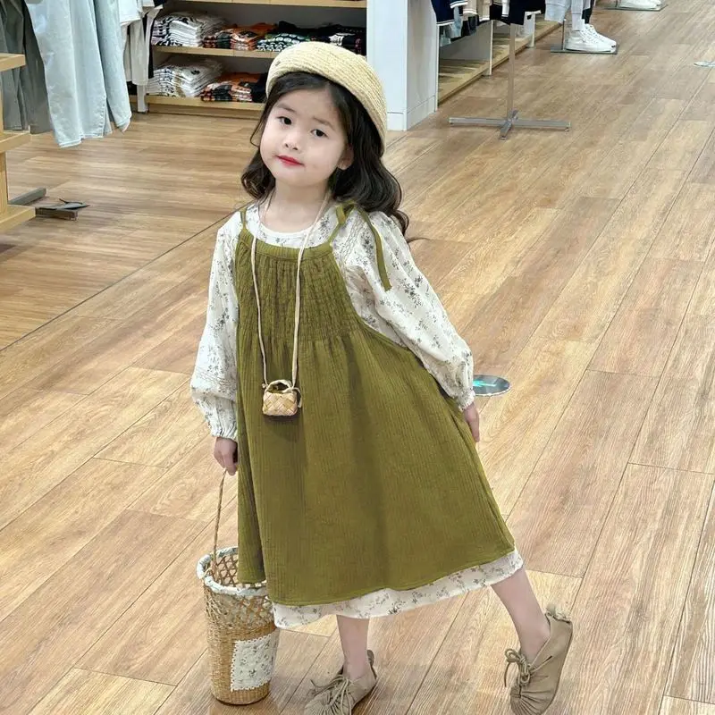Girls' Spring and Autumn New Floral Cute Sweet Princess Dress Two-Piece Set
