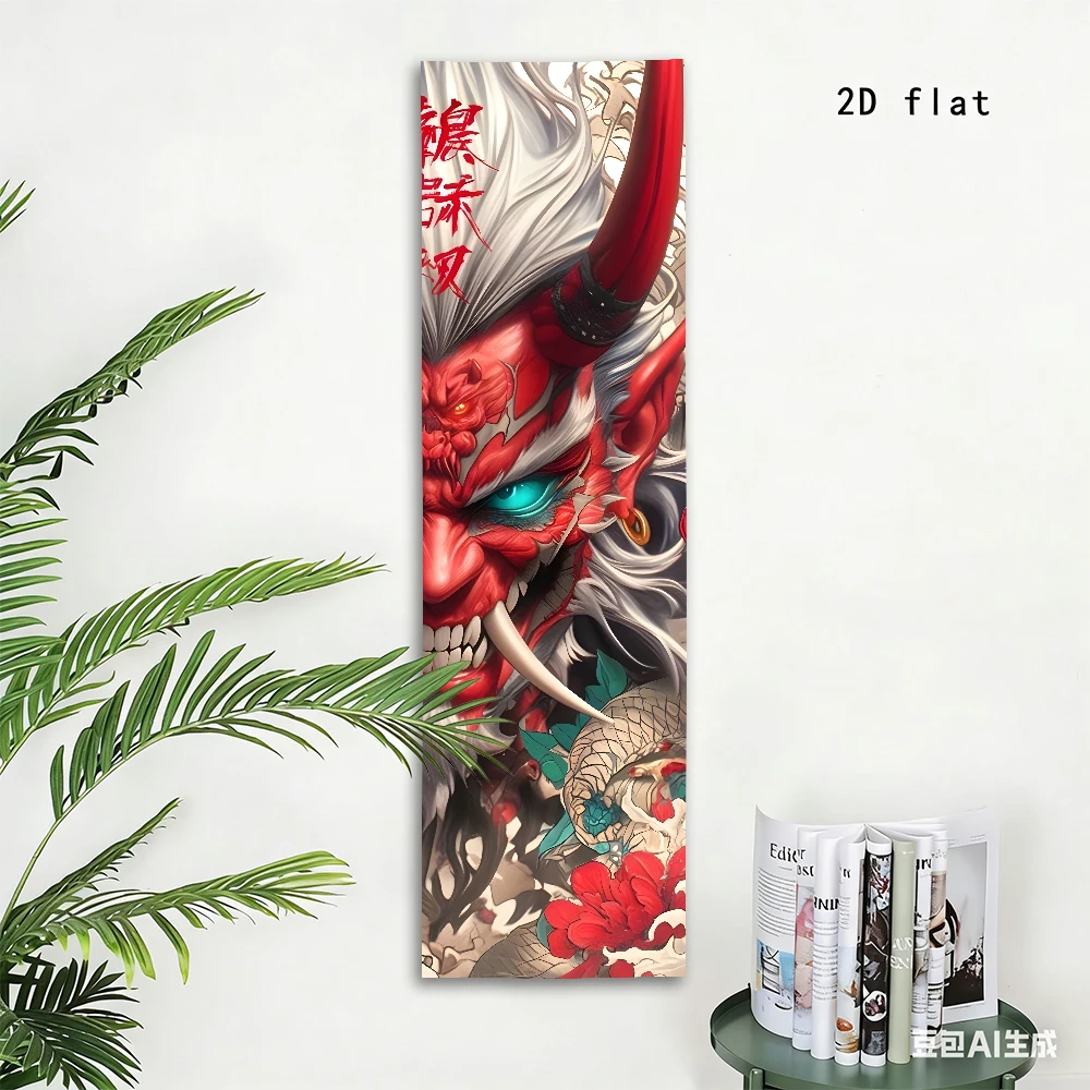 Japanese Red Oni Demon Snake Flower Long Vertical Tapestry, Large Wall Tapestry, Cool Room Decoration Items for Bedroom