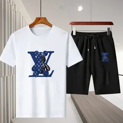 Conjunto casual de camiseta e shorts de algodão manga curta masculina, malha clara, luxo, Harajuku Y2k, 2 conjuntos, verão