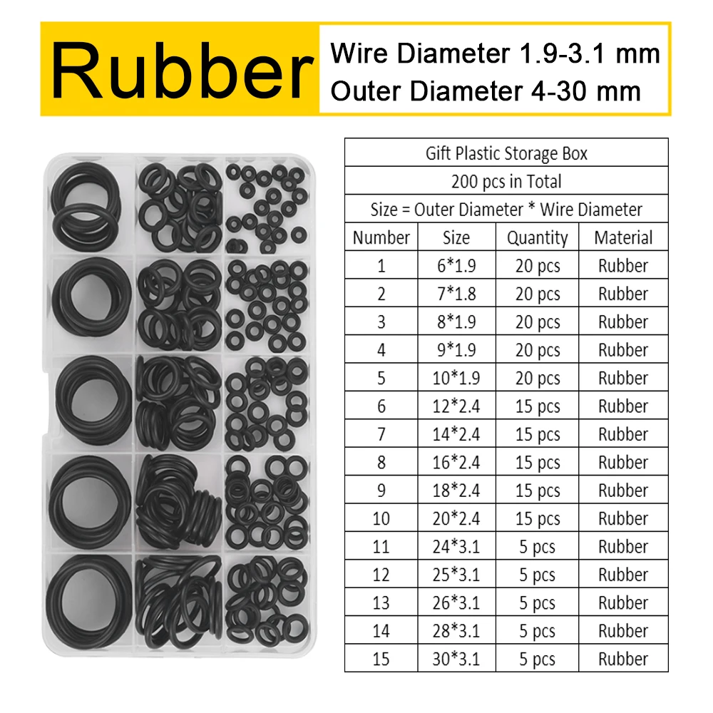 

Wire Diameter 1.9-3.1mm (200 pcs) NBR Rubber O Ring Repair Gasket Seals Assortment Kit Set With Plastic Box