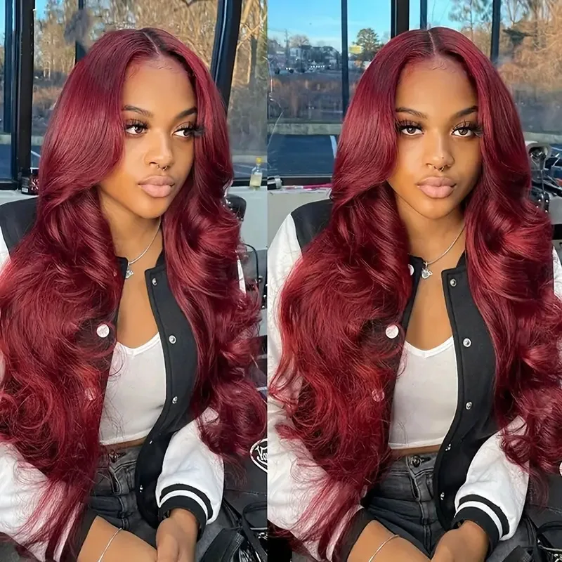 

European and American Fashion Wine Red Big Wave Full Wig African Front Lace Long Curly Wig