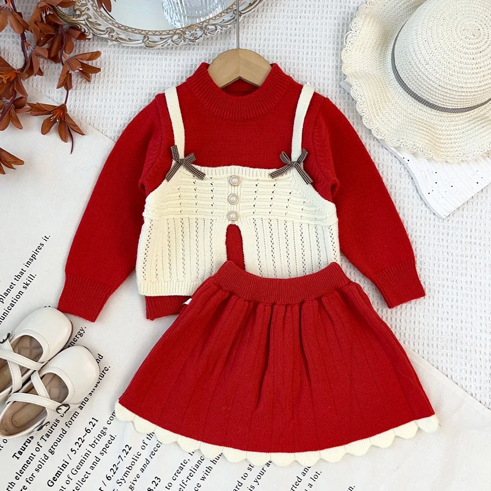 Kinder Mädchen 2-teiliger Strickanzug Langarm-Oberteil mit Schleifendekoration, zweiteiliger Pullover-Rock, süßes Prinzessinnen-Outfit für Kleinkinder 2-6 Jahre – Detail 16