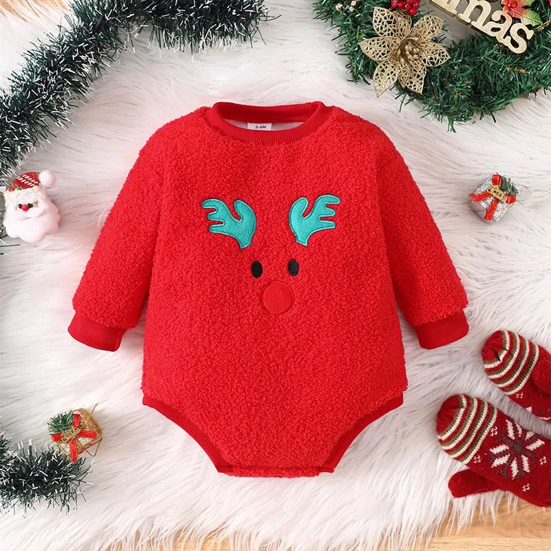 MILANCEL New Winter Baby Bodysuit Christmas Day Toddler Girls Cute Elk Jumpsuit Infant Fleece Lining Outwear One Piece