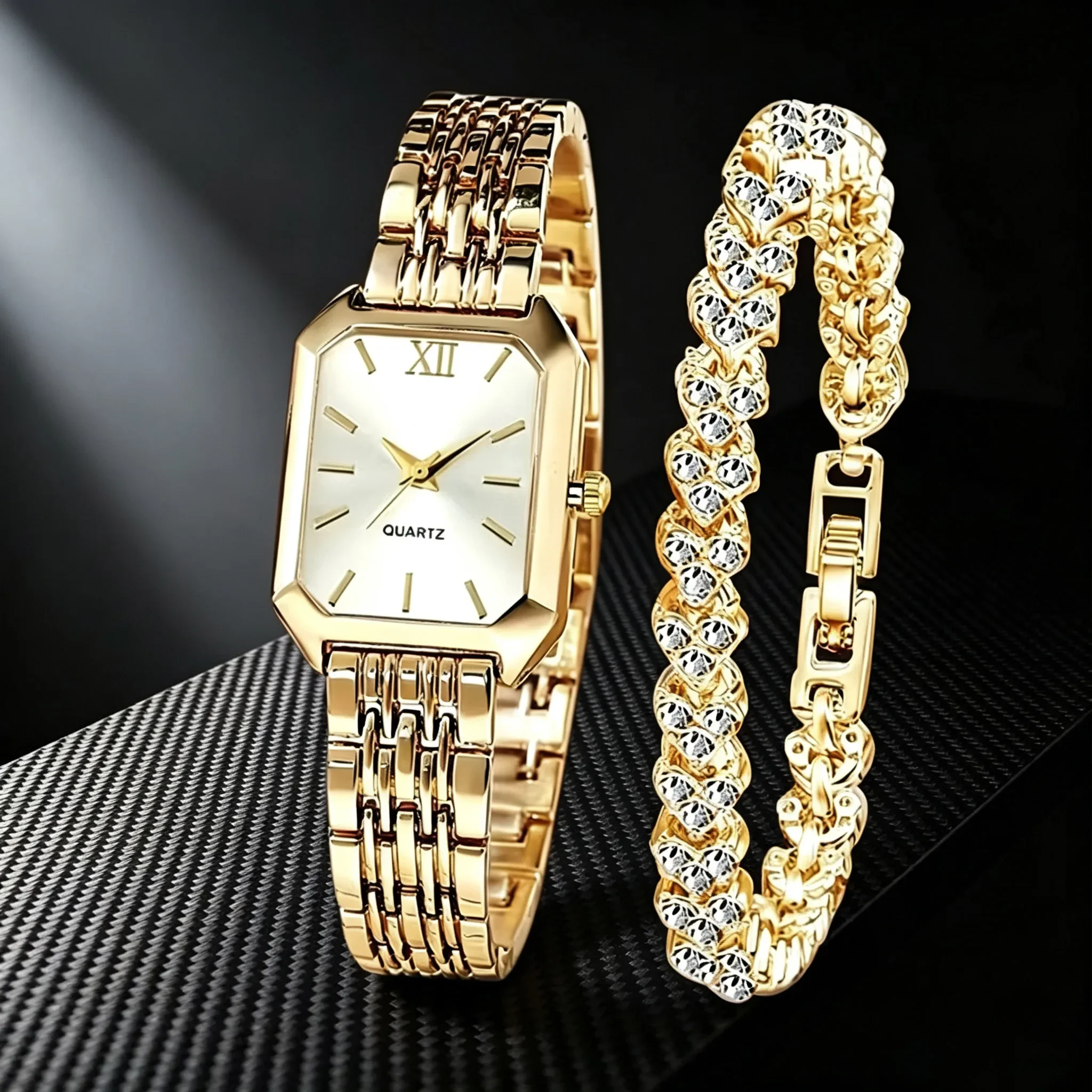 Women's Quartz Watch + 1 Bracelet Set, Simple Square Dial - Suitable for Daily and Formal Occasions - Birthday Gift