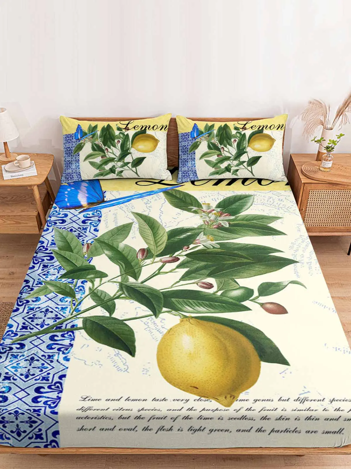 Lemon Watercolor Plant Art Polyester Fitted Sheet Mattress Cover Four Corners Elastic Band Bed Sheet Pilllowcase