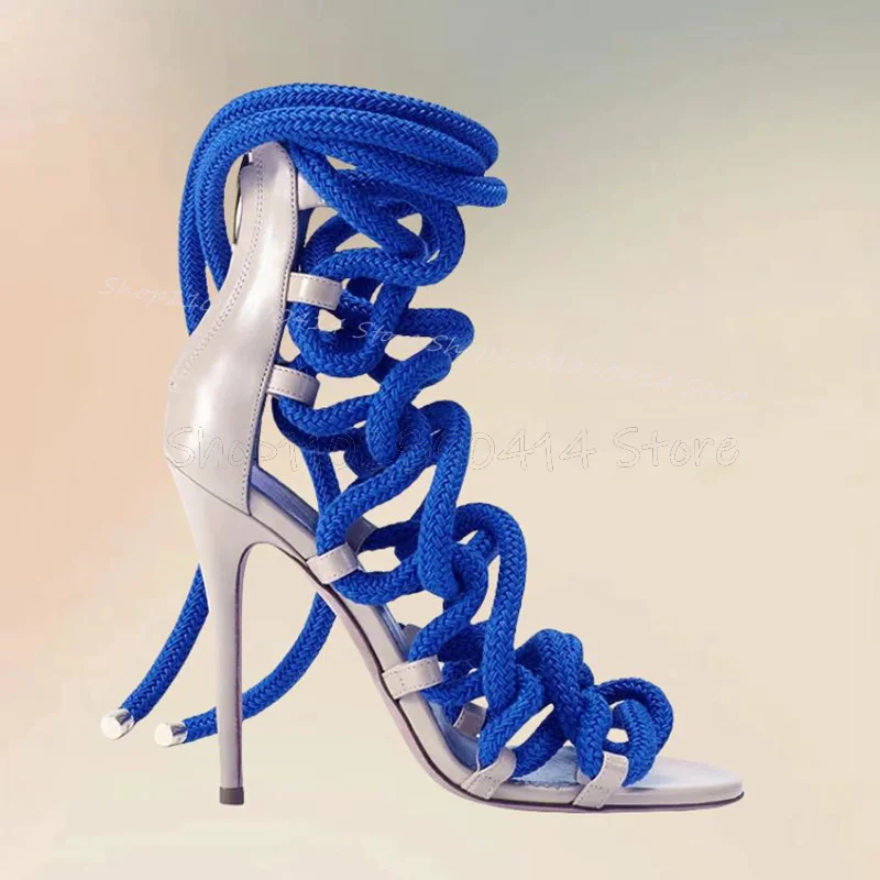 Blue Hemp Rope Design Open Toe Twine Sandals Back Zipper Women Shoes Thin High Heels Fashion Banquet 2024 Zapatos Para Mujere